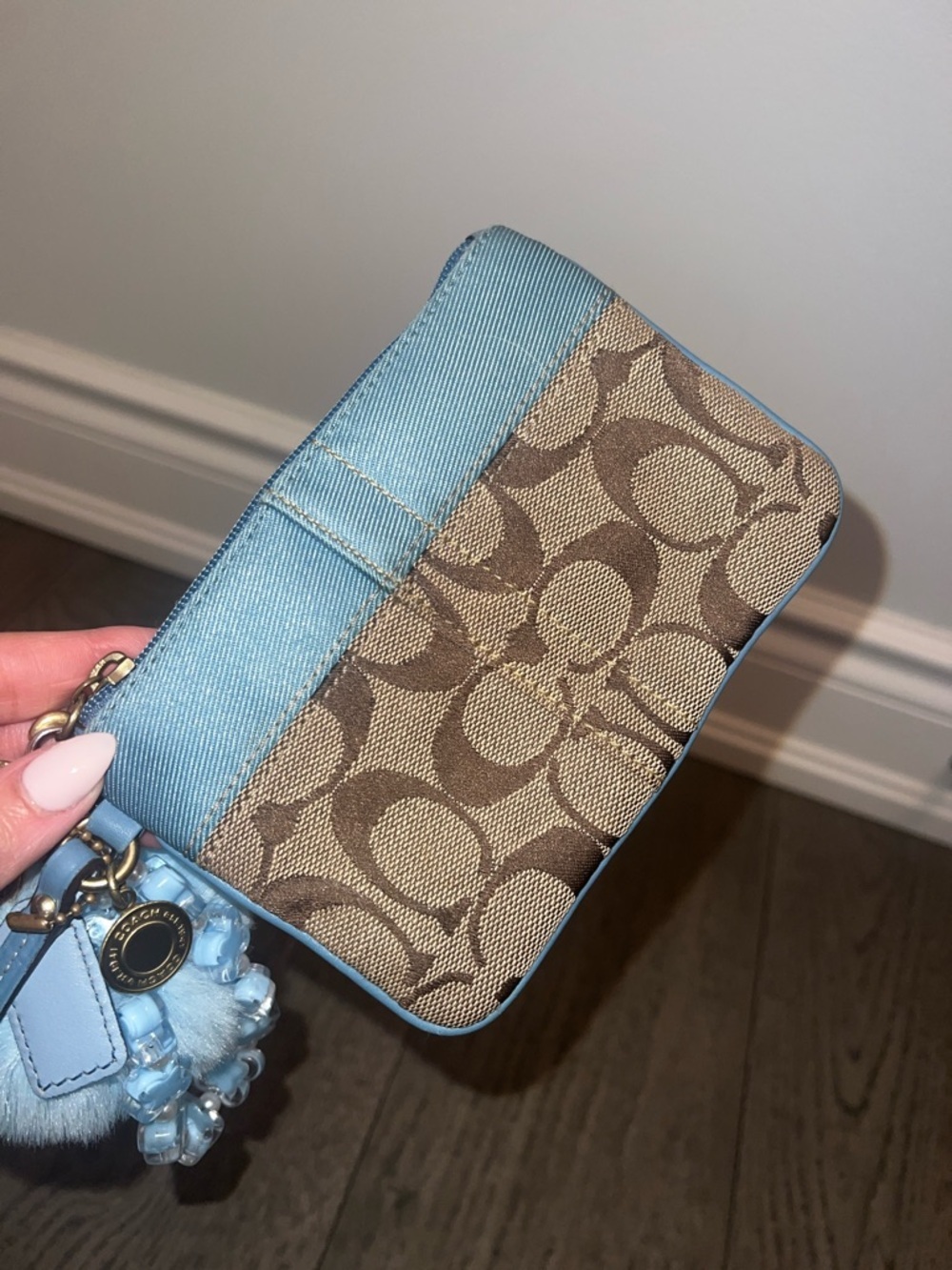 Coach Brown Signature Canvas Wristlet with Light Blue Trim and Pom - Picture 4 of 6